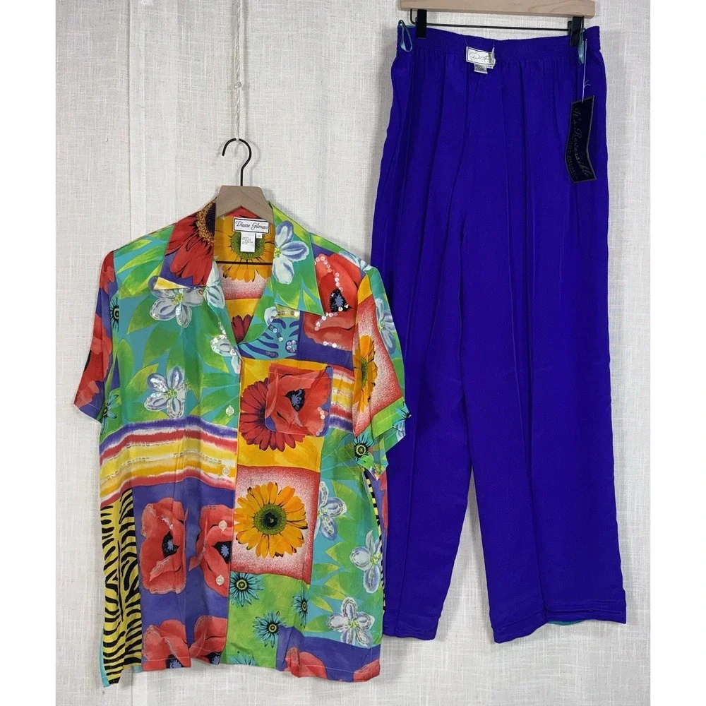Vintage NWT Diane Gilman 100% Silk Blouse Reversible Pants Set Women's 2X Floral - Picture 2 of 16